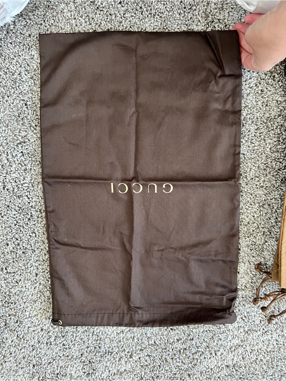 Authentic Gucci Large Dust Bag Dark Brown Satin Gold Logo Drawstring